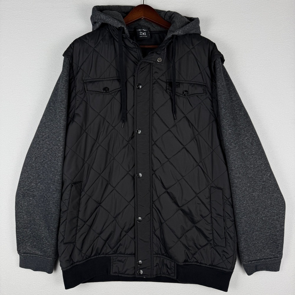 VTG So Cal Quilted Hooded Jacket Mens 2XL Black Snap Button Y2K 2000s Streetwear